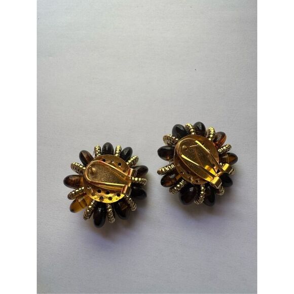 Vintage Womens Chunky Amber Floral Amber Gold Tone Clip On Earrings Retro Chic - Picture 3 of 4